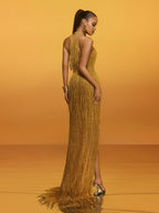 Elvrik Halterneck Fringe Cutout Split Maxi Dress In Gold  GEMMACHIC
