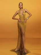 Elvrik Halterneck Fringe Cutout Split Maxi Dress In Gold  GEMMACHIC