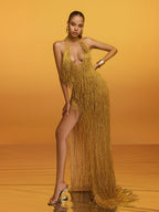 Elvrik Halterneck Fringe Cutout Split Maxi Dress In Gold  GEMMACHIC