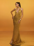 Elvrik Halterneck Fringe Cutout Split Maxi Dress In Gold  GEMMACHIC