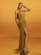 Elvrik Halterneck Fringe Cutout Split Maxi Dress In Gold  GEMMACHIC