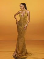 Elvrik Halterneck Fringe Cutout Split Maxi Dress In Gold  GEMMACHIC