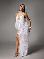 Elvrik Halterneck Fringe Cutout Split Maxi Dress In White  GEMMACHIC