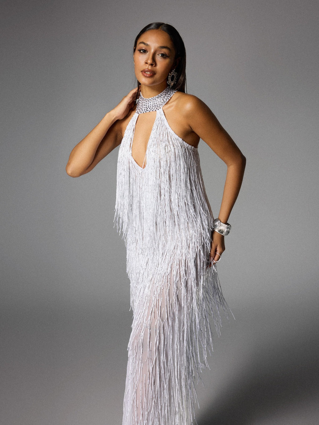 Elvrik Halterneck Fringe Cutout Split Maxi Dress In White  GEMMACHIC