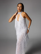 Elvrik Halterneck Fringe Cutout Split Maxi Dress In White  GEMMACHIC