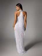 Elvrik Halterneck Fringe Cutout Split Maxi Dress In White  GEMMACHIC