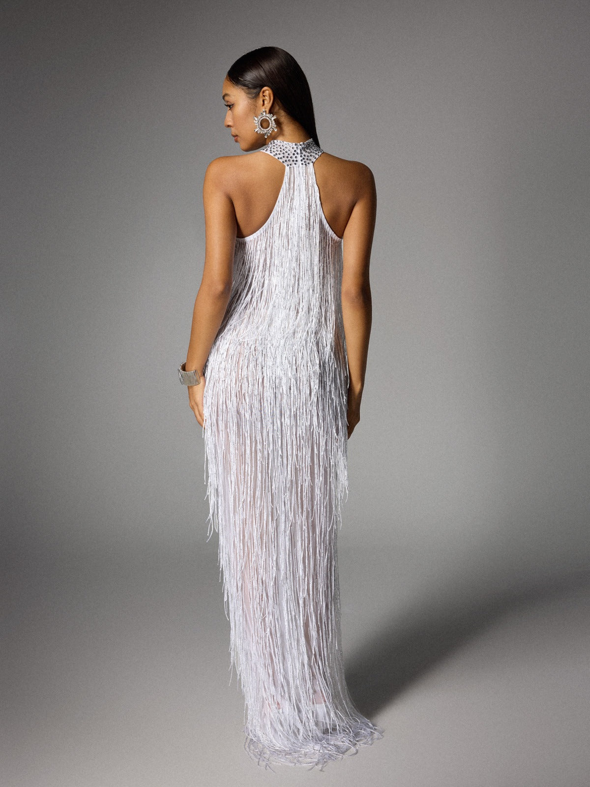 Elvrik Halterneck Fringe Cutout Split Maxi Dress In White  GEMMACHIC