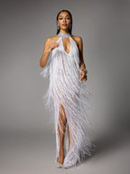 Elvrik Halterneck Fringe Cutout Split Maxi Dress In White  GEMMACHIC