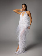 Elvrik Halterneck Fringe Cutout Split Maxi Dress In White  GEMMACHIC