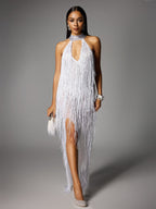 Elvrik Halterneck Fringe Cutout Split Maxi Dress In White  GEMMACHIC