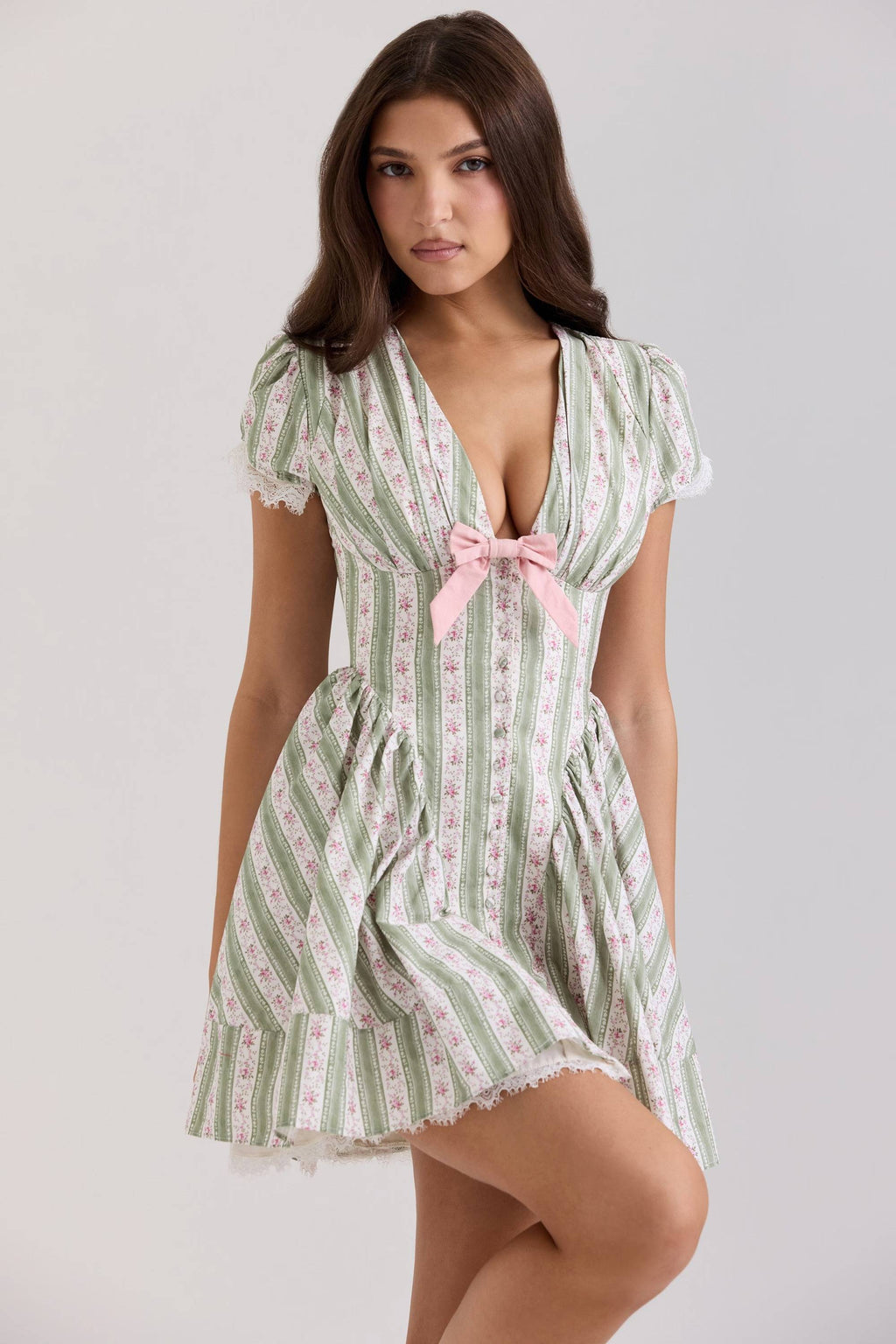 Emiliana Green Stripe Floral Print Stretch Cotton Mini Dress  Gemma Chic