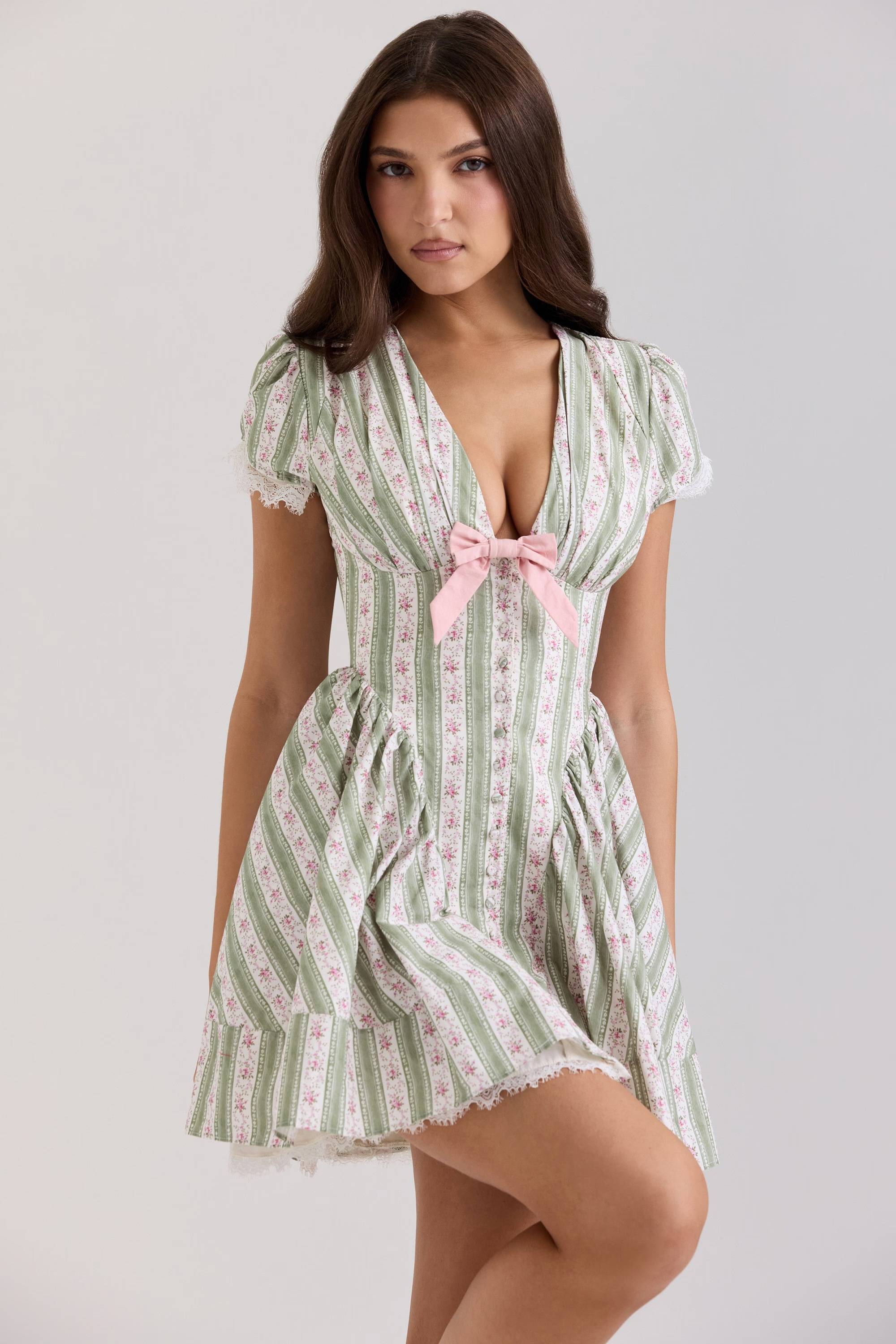 Emiliana Green Stripe Floral Print Stretch Cotton Mini Dress  Gemma Chic