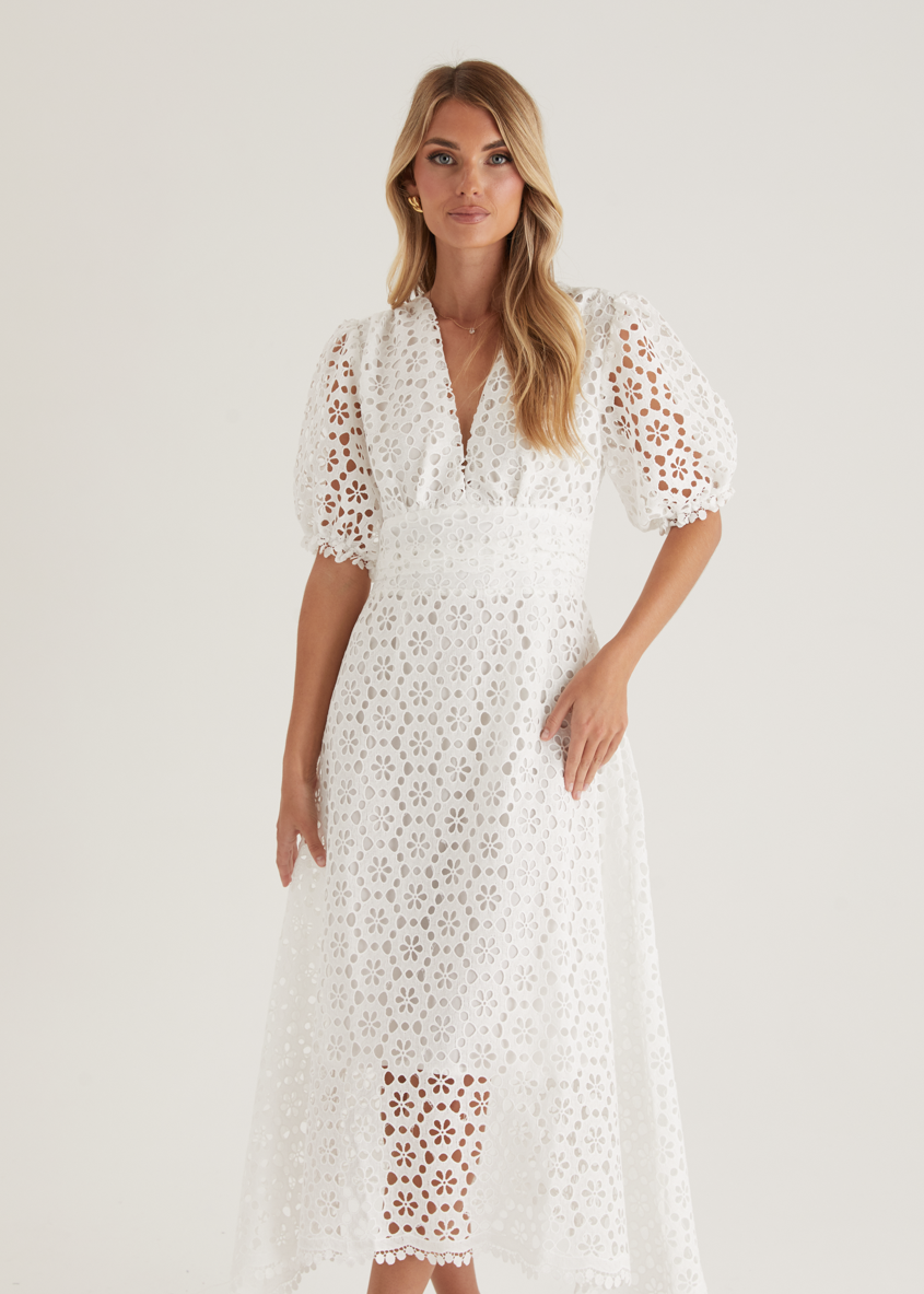 Jahra Lace Midi Dress - Off White  GEMMACHIC