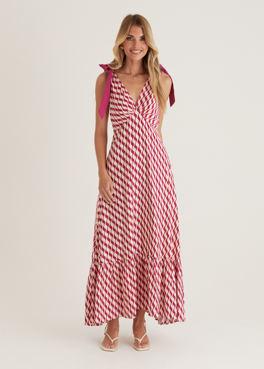 Havannah Tie Midi Dress - Magenta Wave  GEMMACHIC