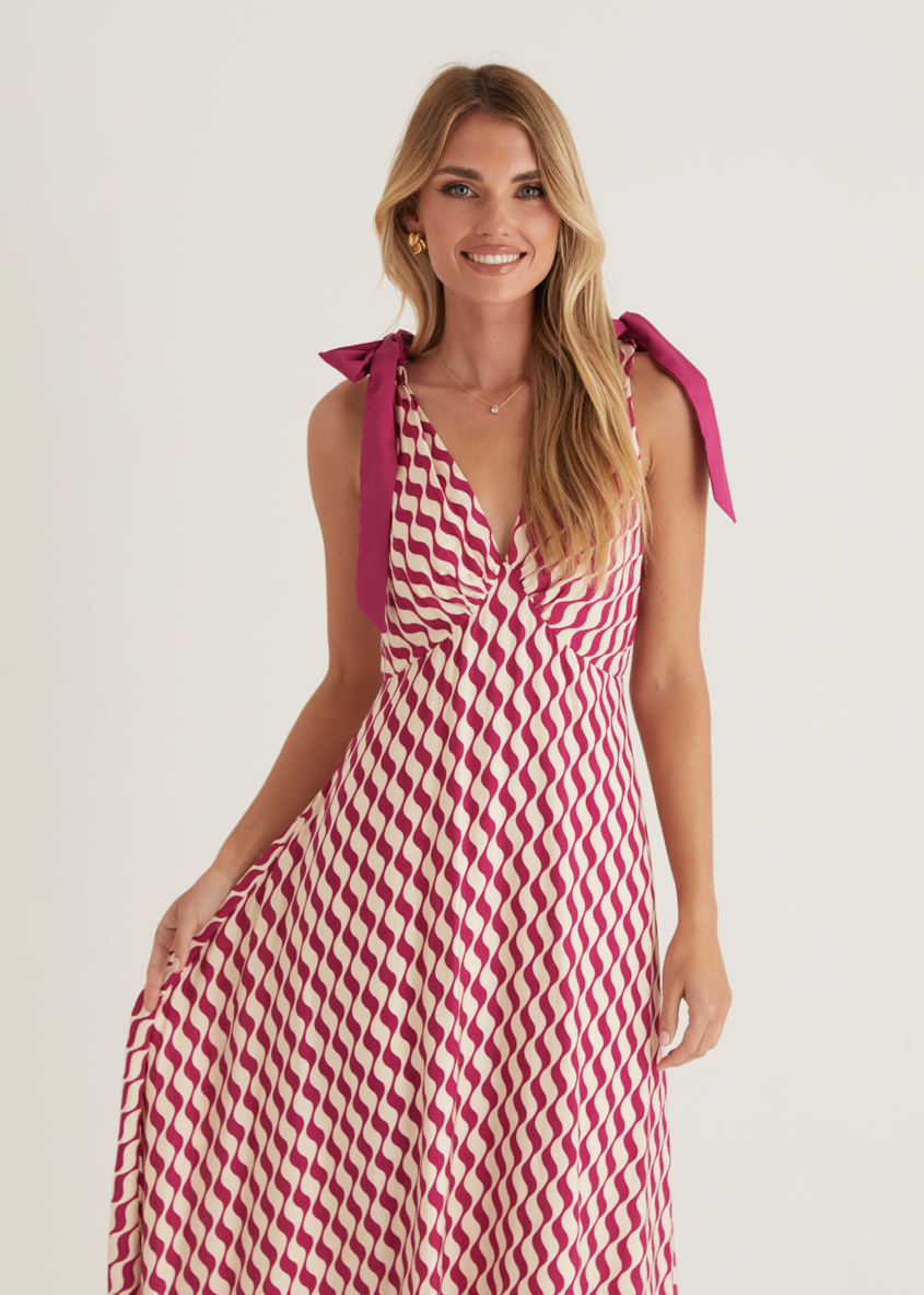 Havannah Tie Midi Dress - Magenta Wave  GEMMACHIC