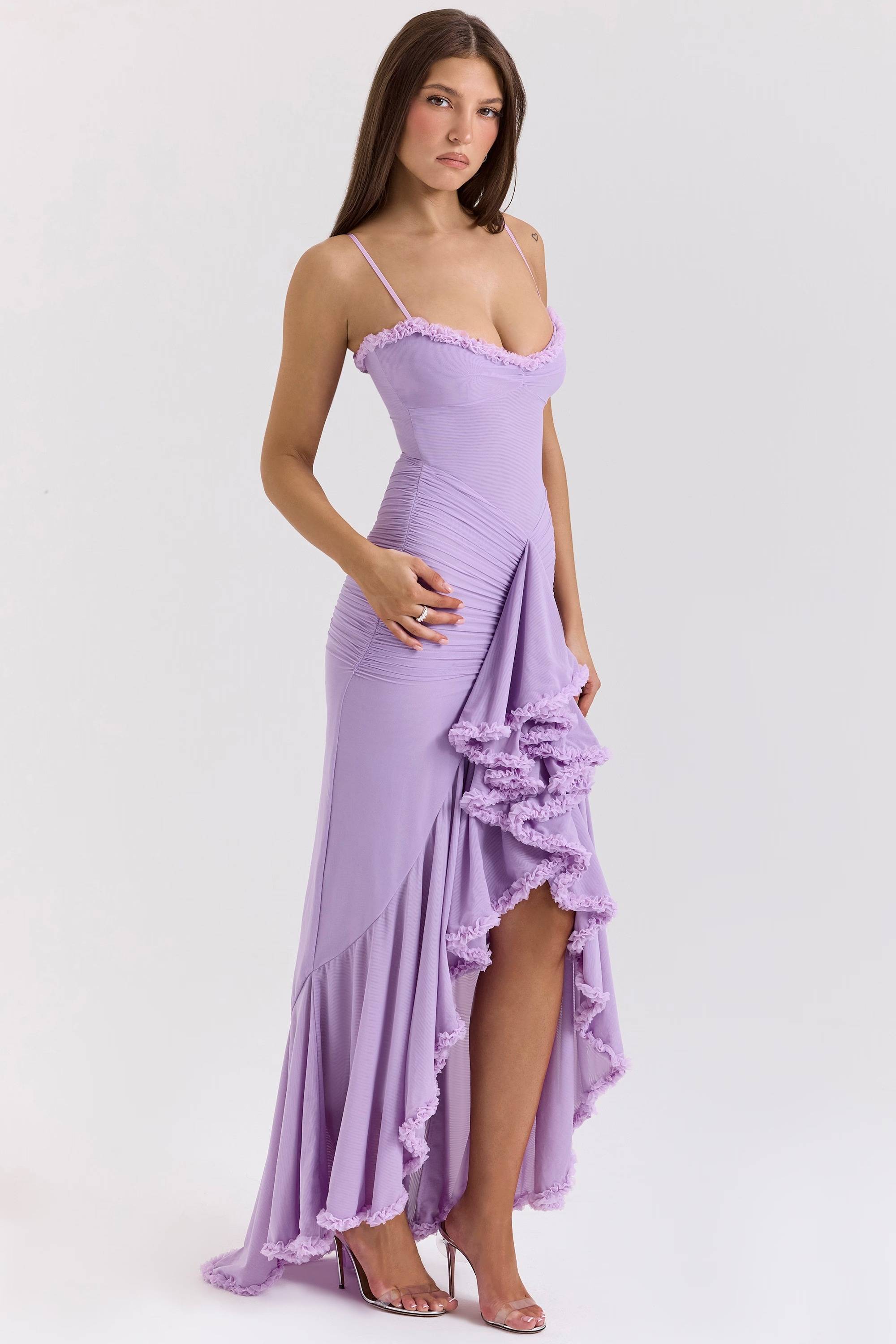 Gabbi Mesh Ruffled Front Gown Maxi Dress  Gemma Chic