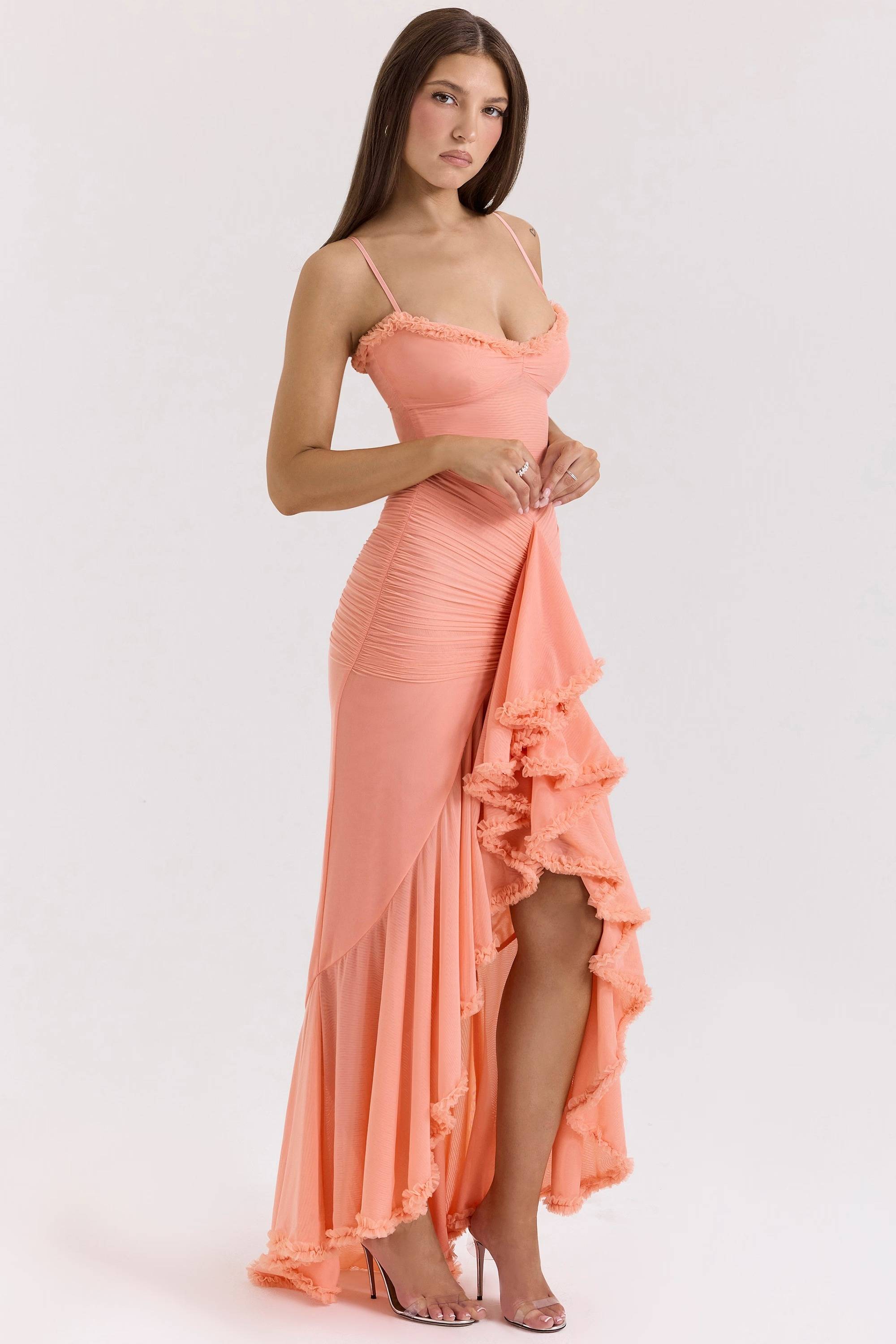 Gabbi Mesh Ruffled Front Gown Maxi Dress  Gemma Chic