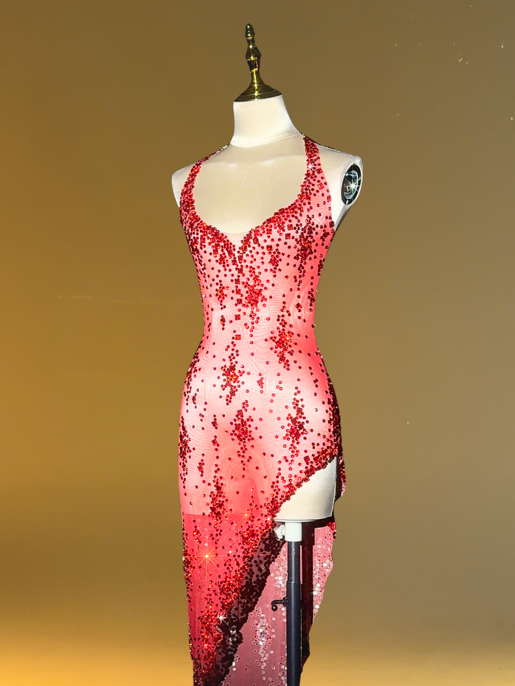 Haelin Spaghetti Rhinestone Split Midi Dress In Red  GEMMACHIC