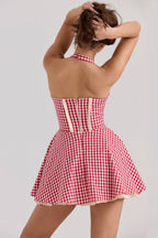Heidi Red Gingham Cotton Halter Neck Mini Dress  Gemma Chic
