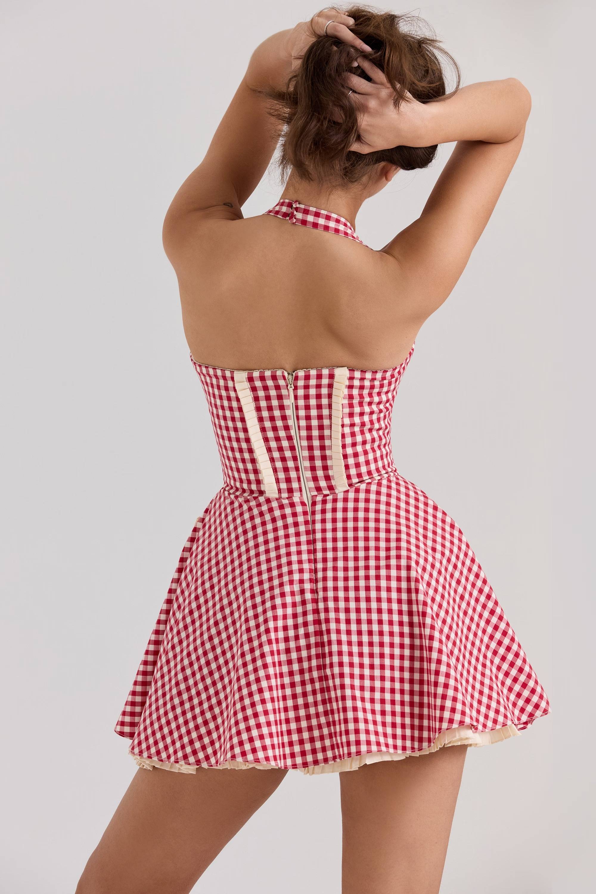 Heidi Red Gingham Cotton Halter Neck Mini Dress  Gemma Chic
