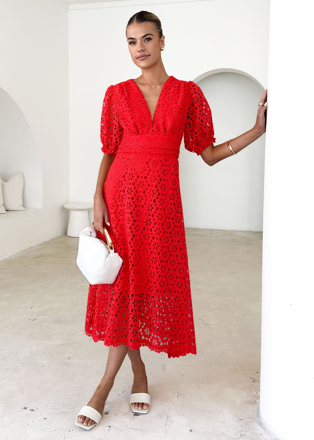 Jahra Lace Midi Dress - Red  GEMMACHIC
