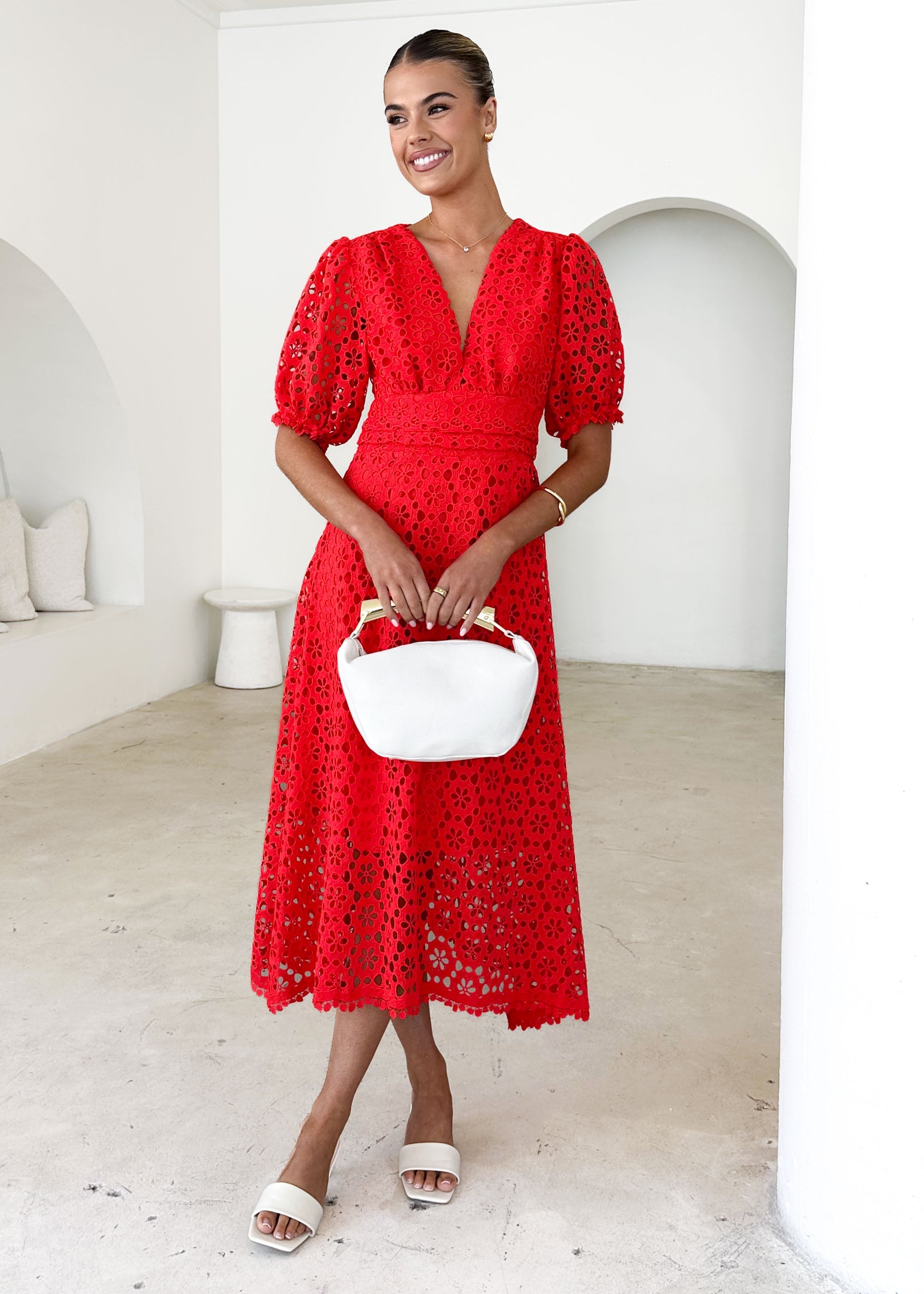 Jahra Lace Midi Dress - Red  GEMMACHIC