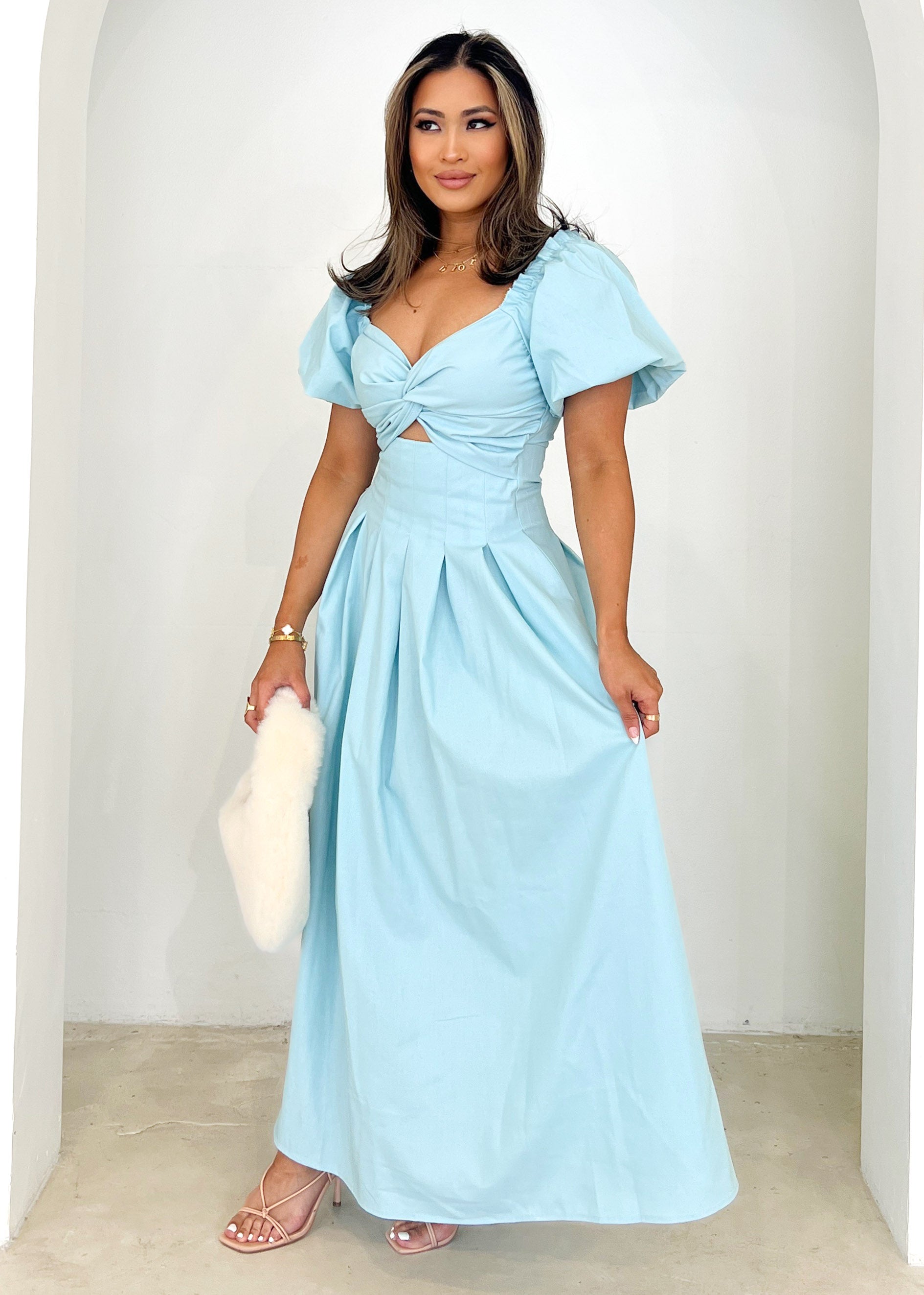 Larttie Off Shoulder Midi Dress - Powder Blue  GEMMACHIC