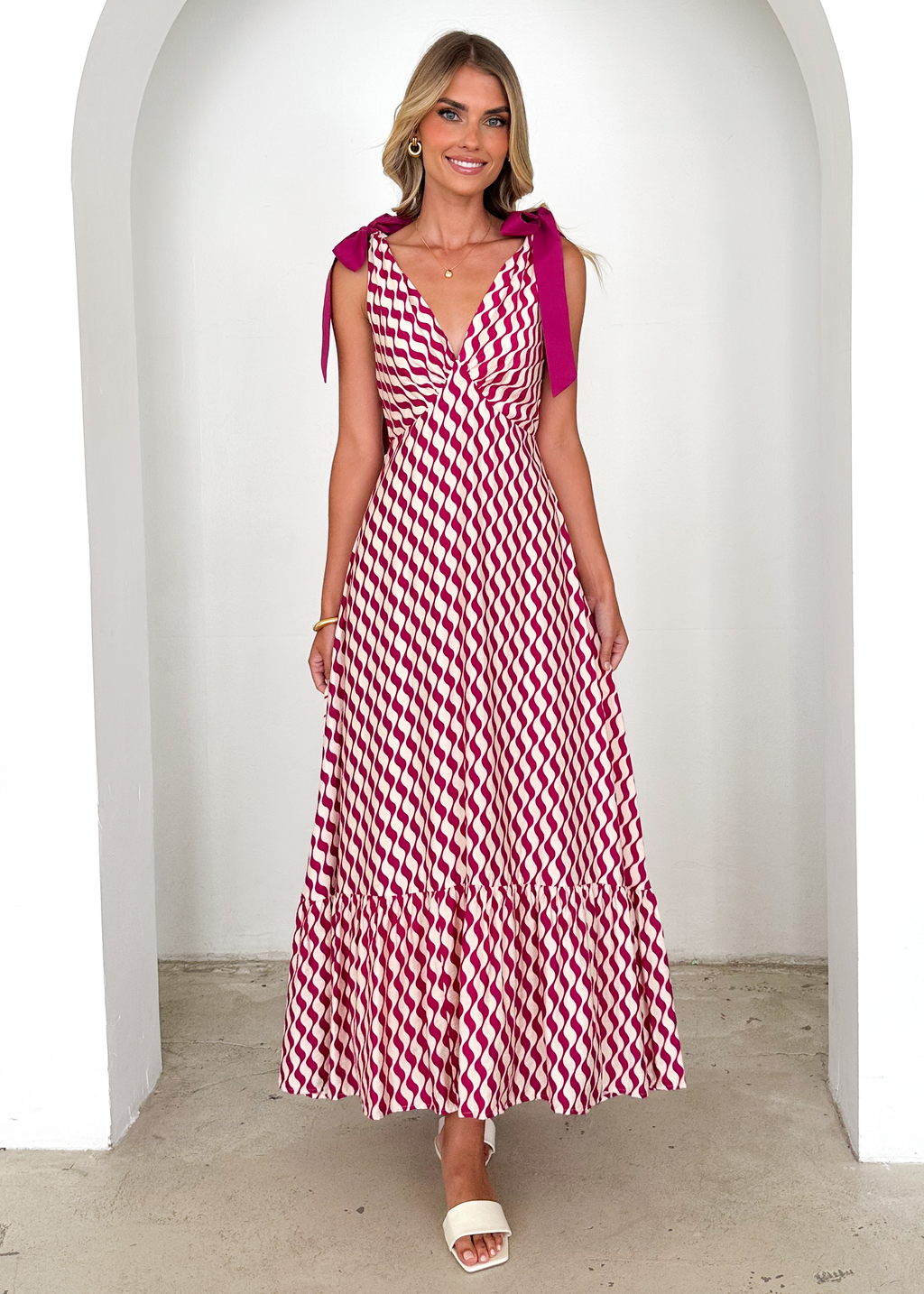 Havannah Tie Midi Dress - Magenta Wave  GEMMACHIC