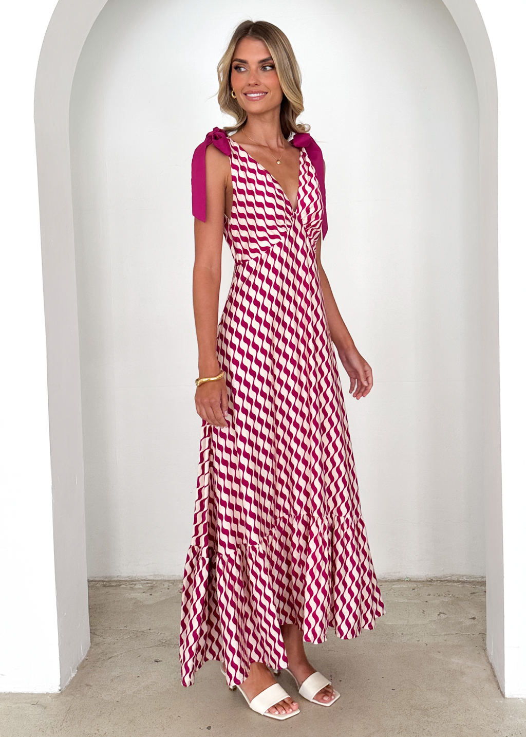 Havannah Tie Midi Dress - Magenta Wave  GEMMACHIC
