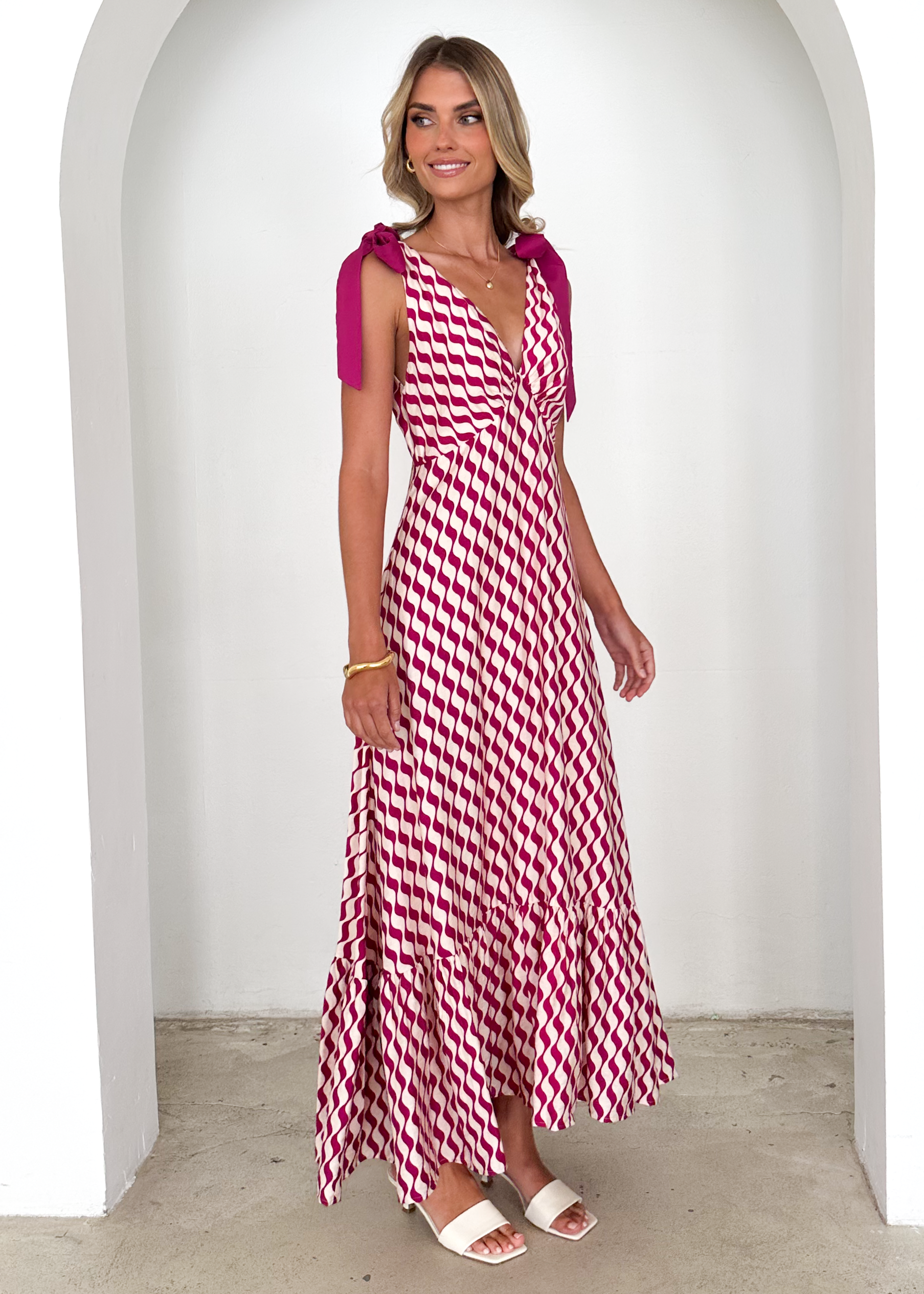 Havannah Tie Midi Dress - Magenta Wave  GEMMACHIC