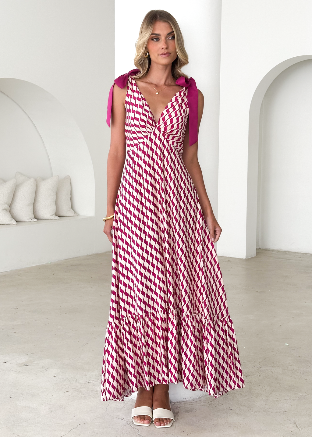 Havannah Tie Midi Dress - Magenta Wave  GEMMACHIC