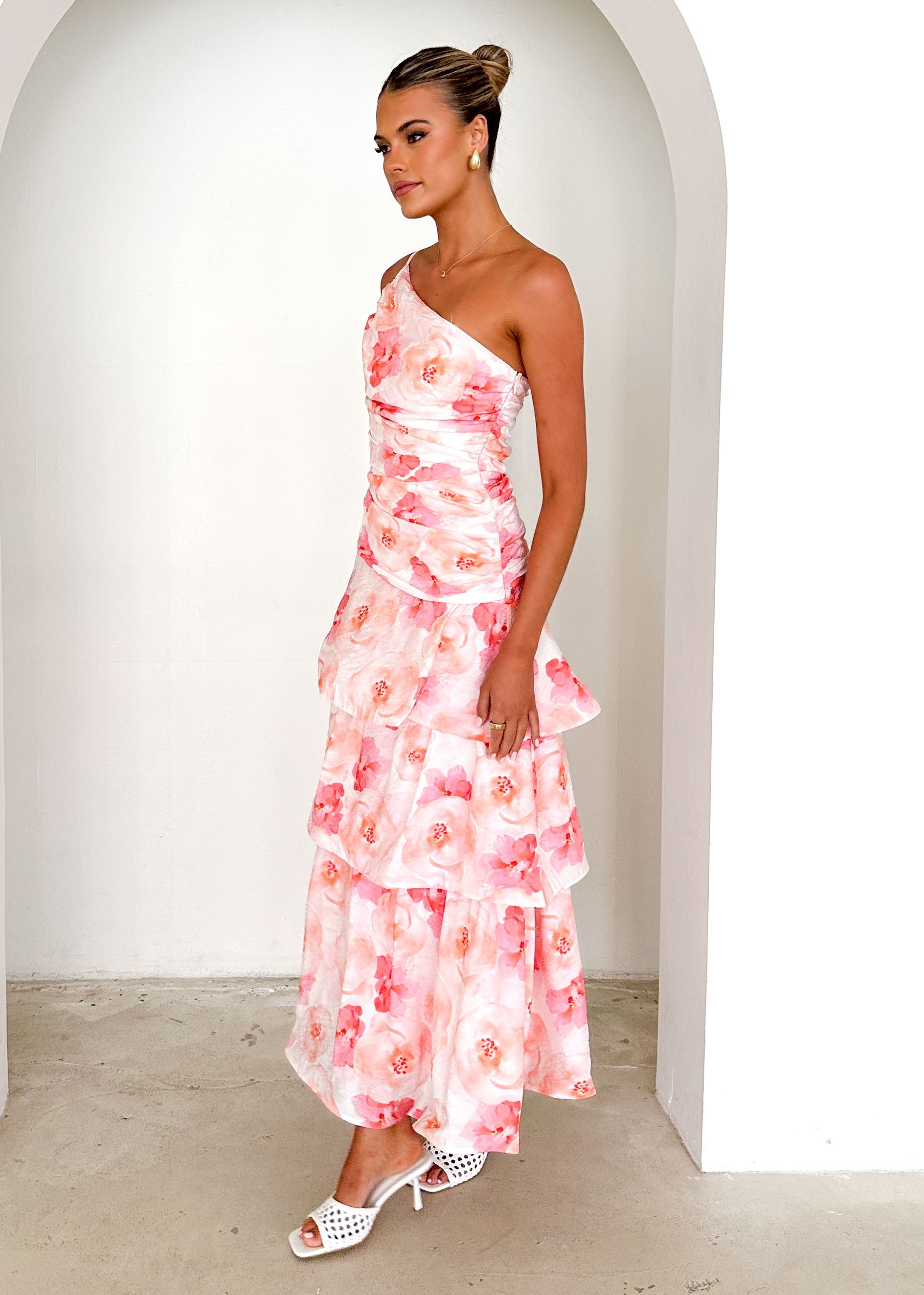 Aspra One Shoulder Midi Dress - Peach Watercolour  GEMMACHIC