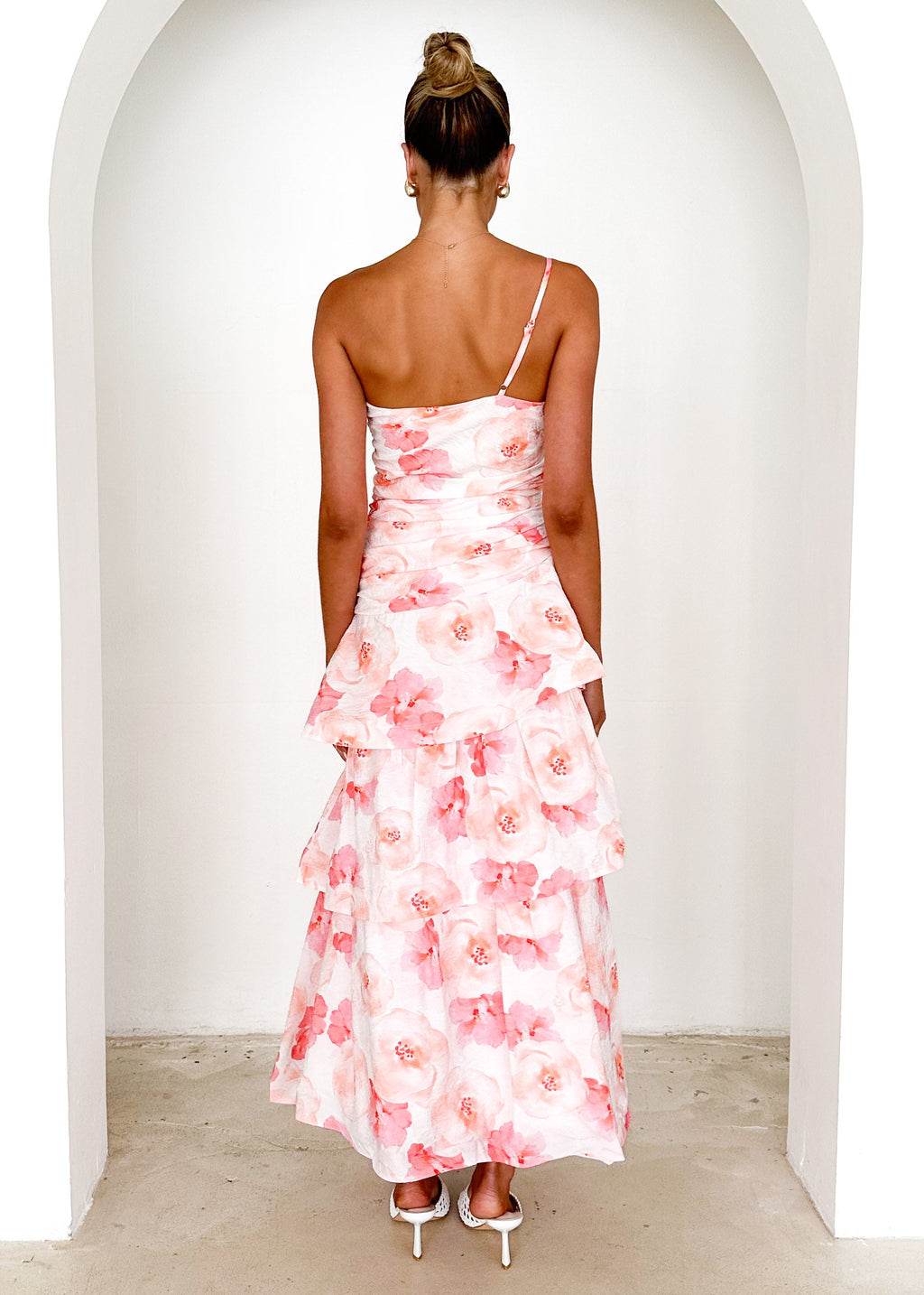 Aspra One Shoulder Midi Dress - Peach Watercolour  GEMMACHIC