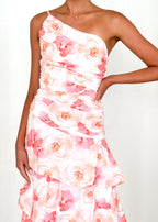 Aspra One Shoulder Midi Dress - Peach Watercolour  GEMMACHIC