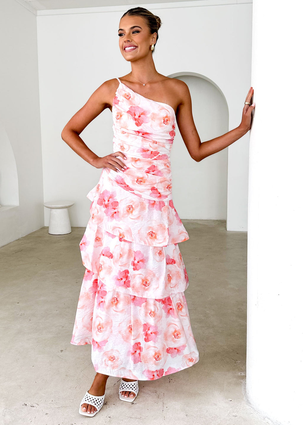 Aspra One Shoulder Midi Dress - Peach Watercolour  GEMMACHIC