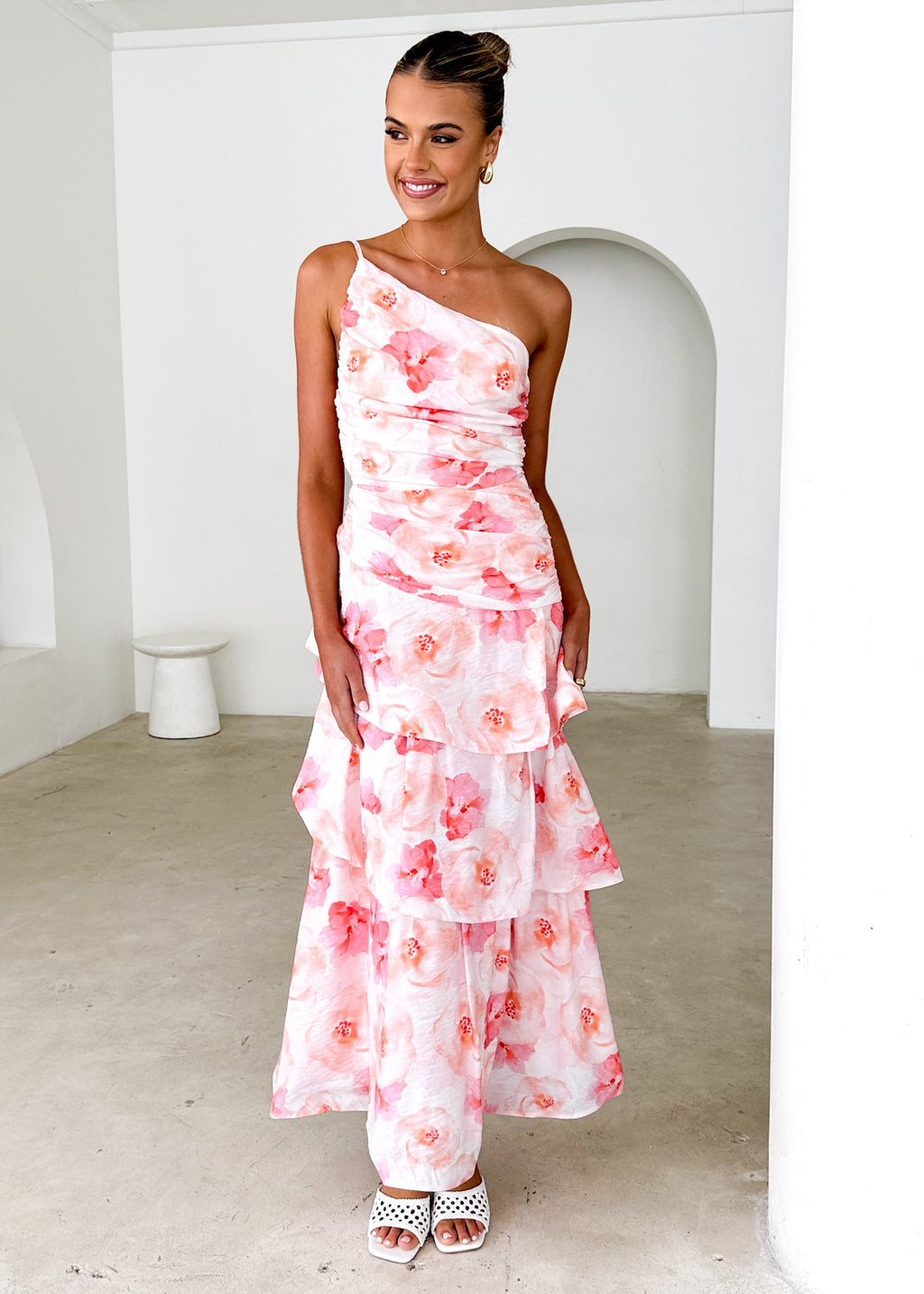 Aspra One Shoulder Midi Dress - Peach Watercolour  GEMMACHIC