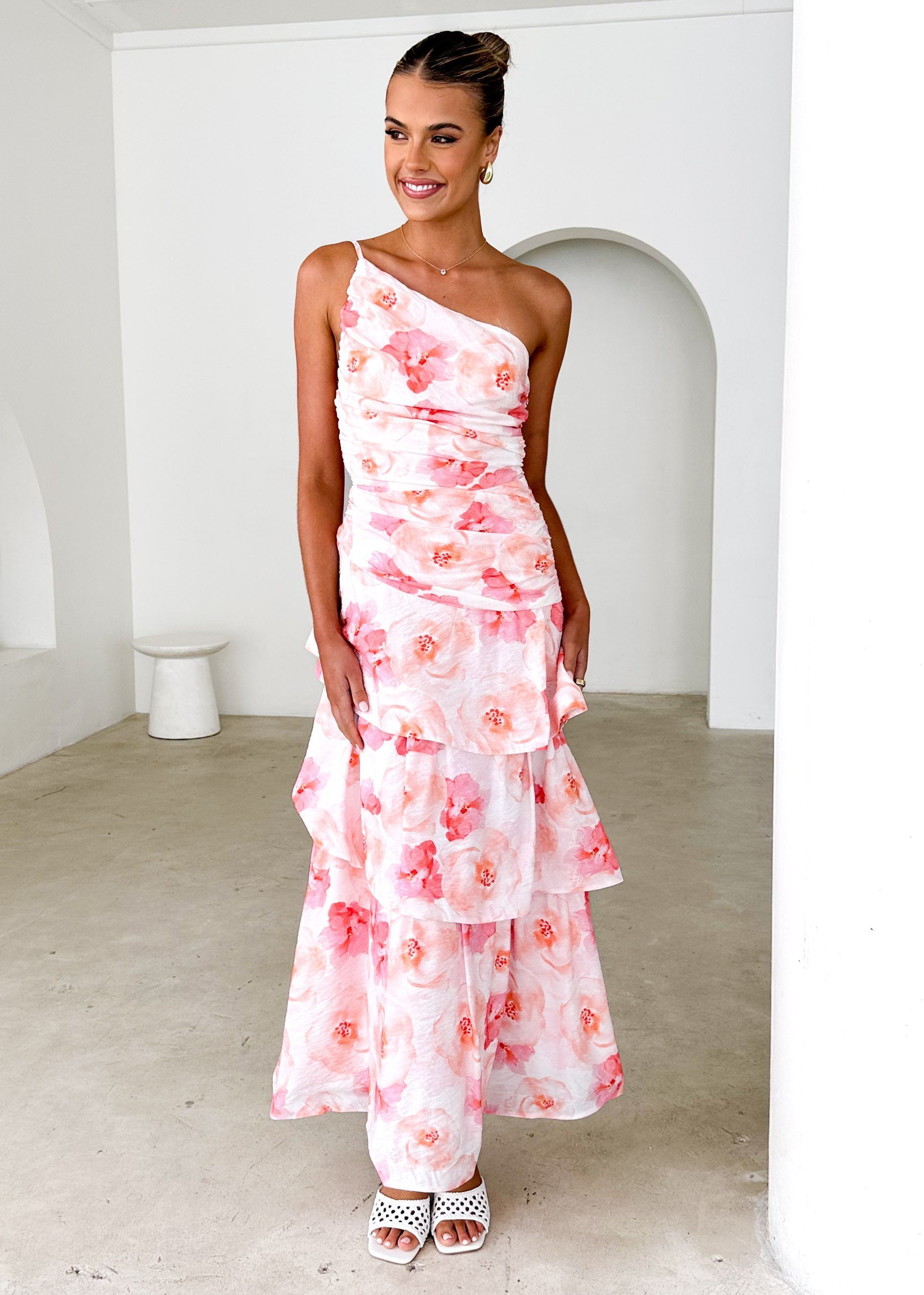 Aspra One Shoulder Midi Dress - Peach Watercolour  GEMMACHIC