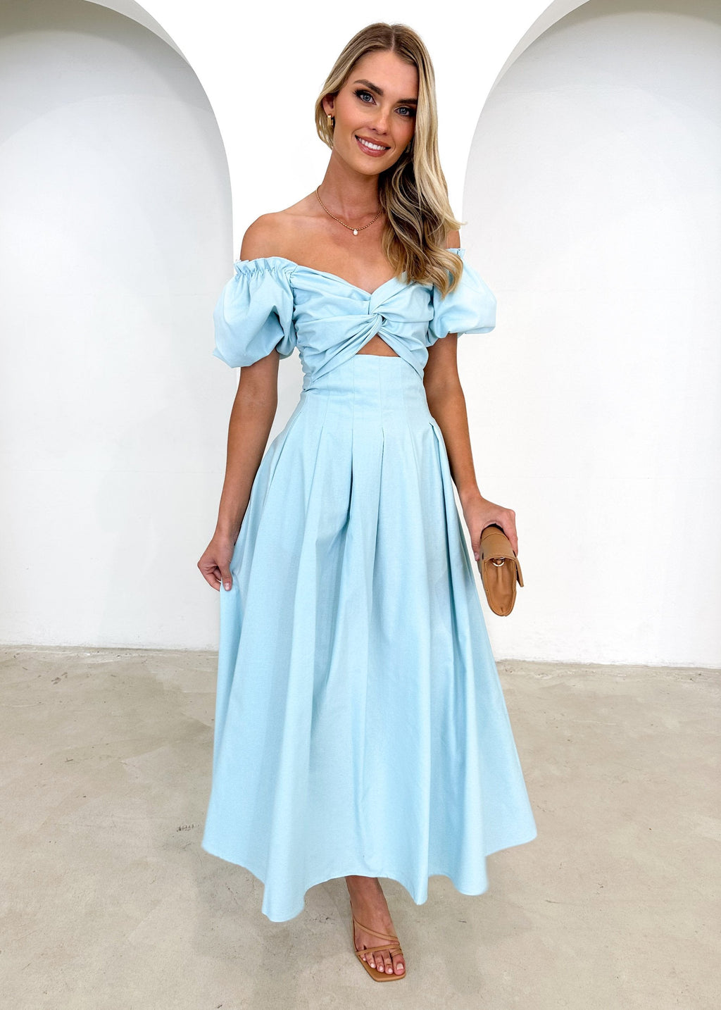 Larttie Off Shoulder Midi Dress - Powder Blue  GEMMACHIC