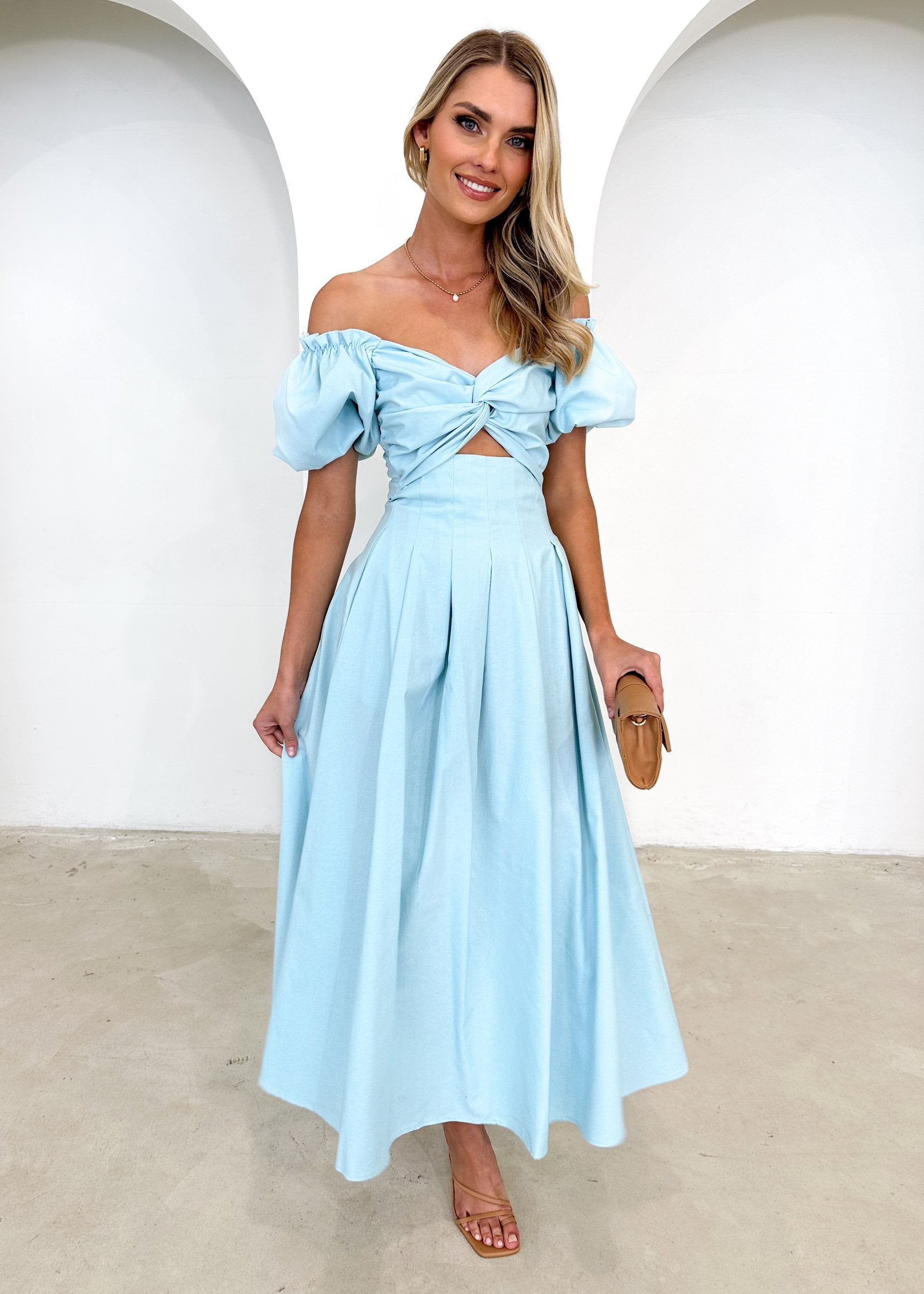 Larttie Off Shoulder Midi Dress - Powder Blue  GEMMACHIC