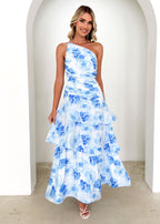 Aspra One Shoulder Midi Dress - Blue Flowers  GEMMACHIC