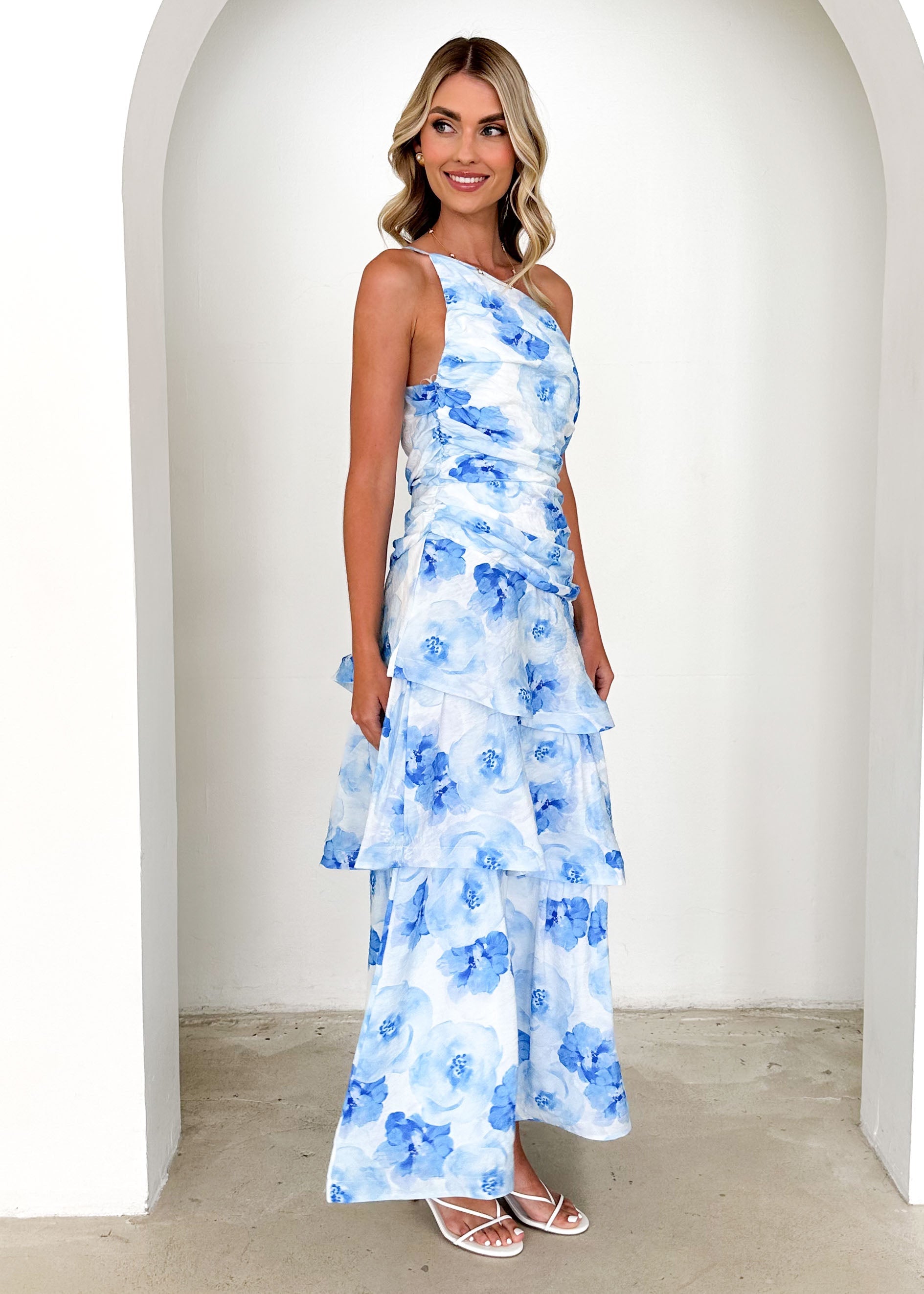 Aspra One Shoulder Midi Dress - Blue Flowers  GEMMACHIC