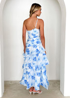 Aspra One Shoulder Midi Dress - Blue Flowers  GEMMACHIC
