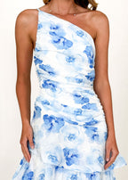 Aspra One Shoulder Midi Dress - Blue Flowers  GEMMACHIC