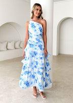 Aspra One Shoulder Midi Dress - Blue Flowers  GEMMACHIC