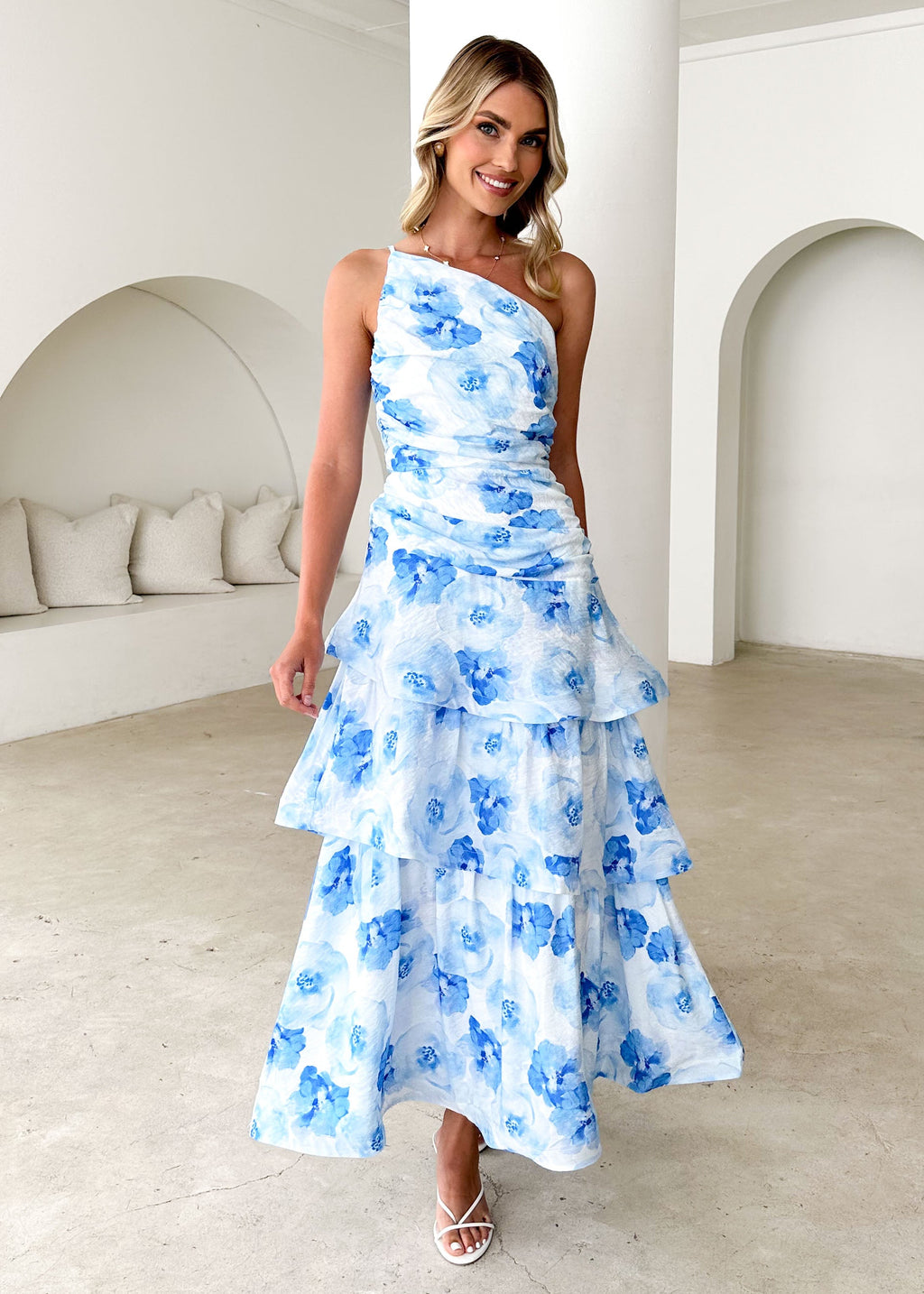 Aspra One Shoulder Midi Dress - Blue Flowers  GEMMACHIC