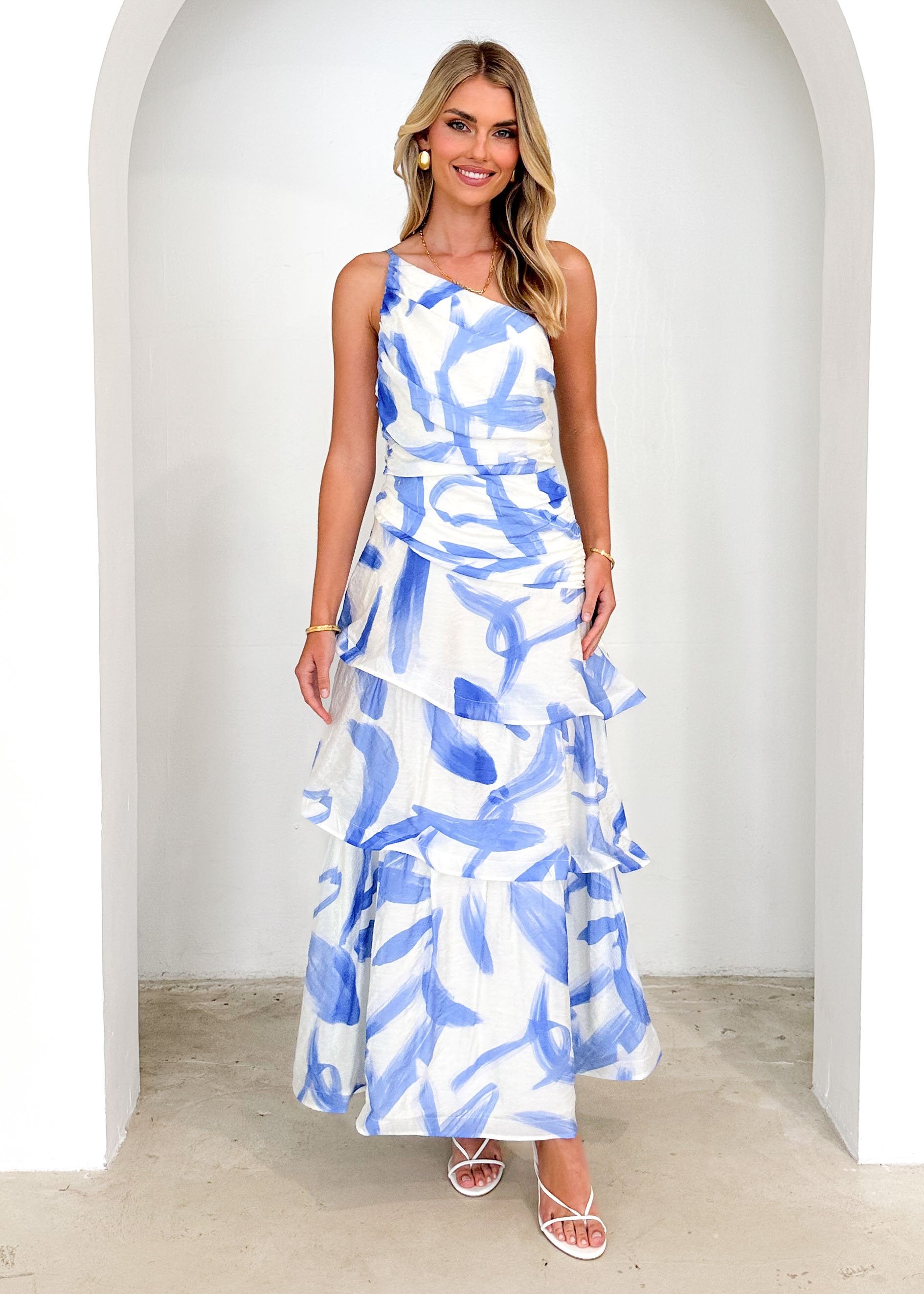 Aspra One Shoulder Midi Dress - Blue Splash  GEMMACHIC