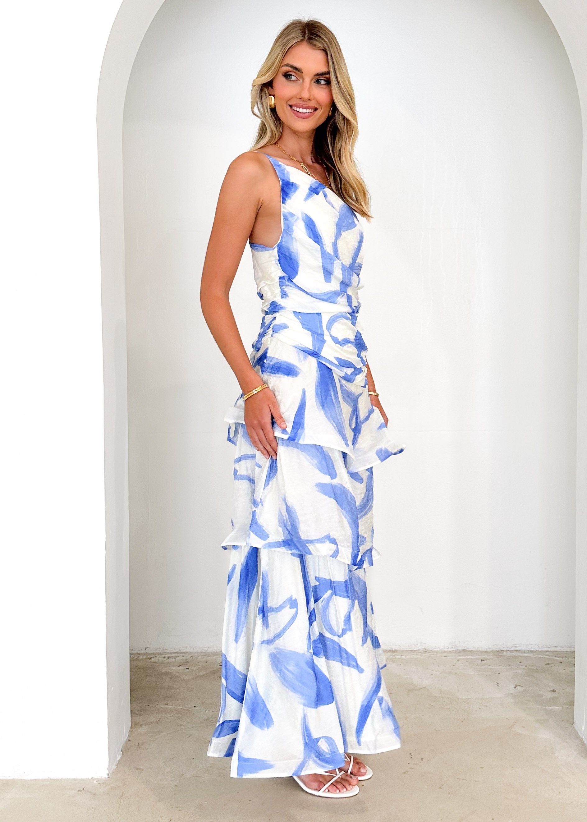 Aspra One Shoulder Midi Dress - Blue Splash  GEMMACHIC