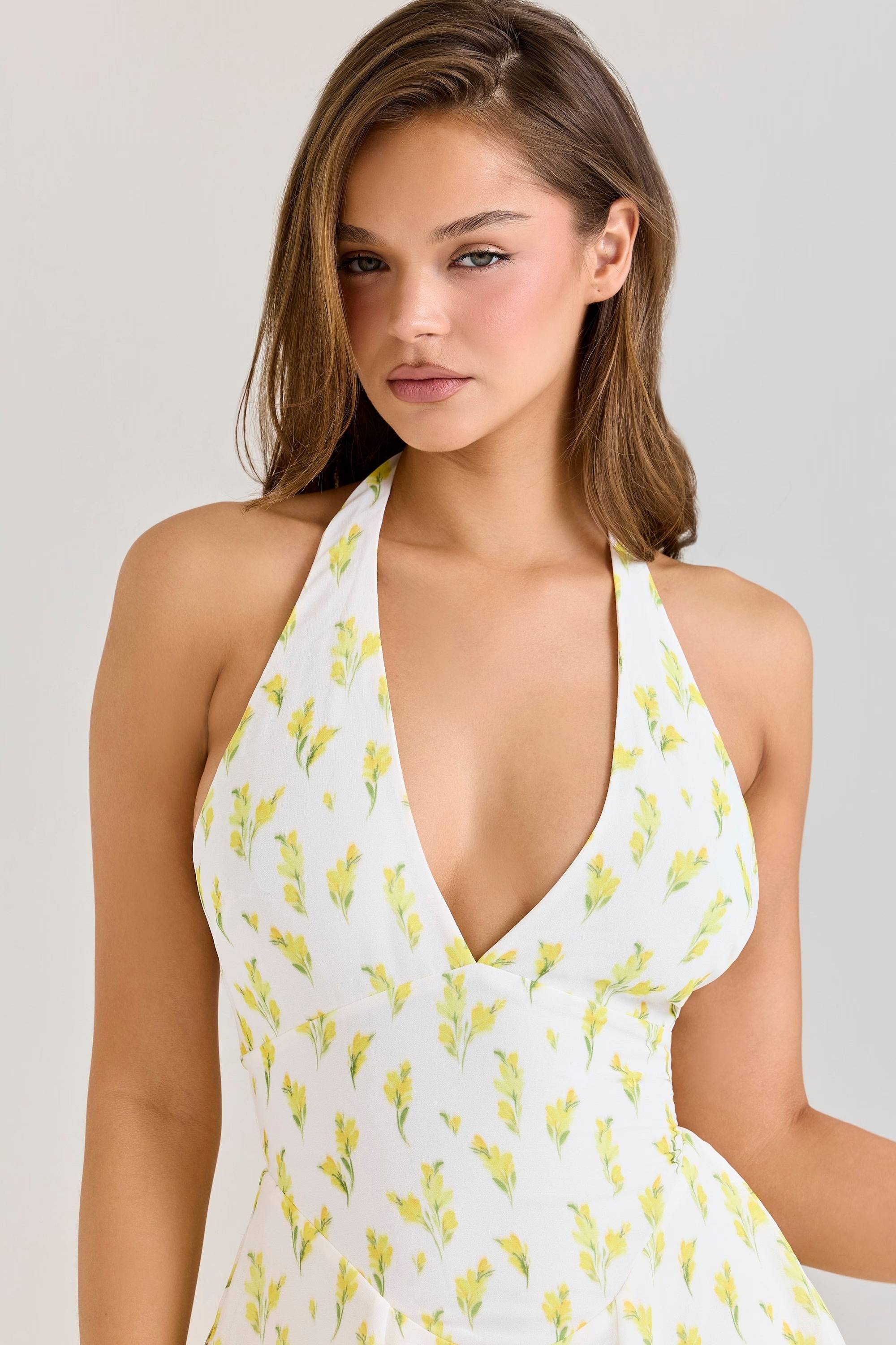 Lemon Floral Print Georgette Halter Neck Mini Dress  Gemma Chic