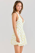 Lemon Floral Print Georgette Halter Neck Mini Dress  Gemma Chic