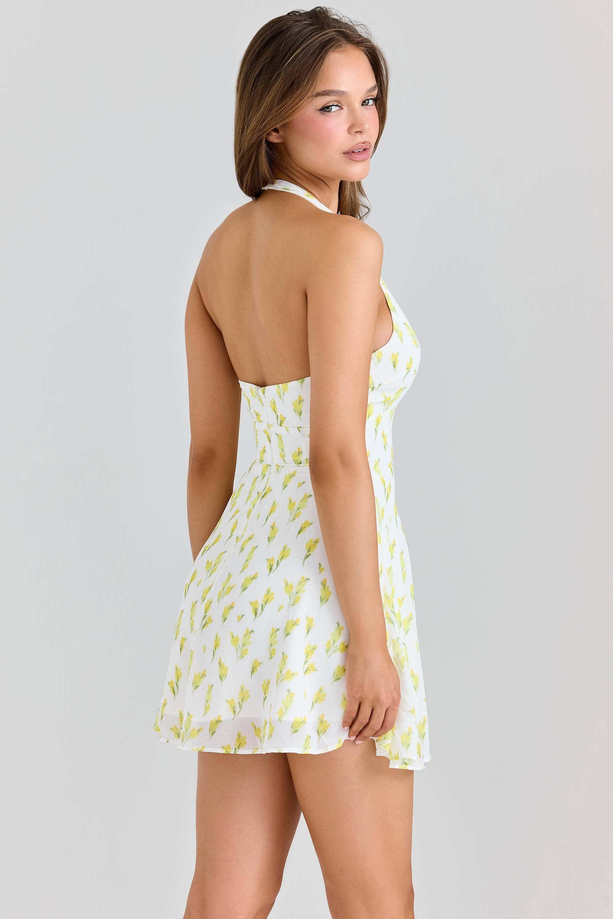 Lemon Floral Print Georgette Halter Neck Mini Dress  Gemma Chic